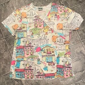 SESAME STREET Scrub Top Ladies Pastel Retro Character Graphic Soft Cheerful Fun